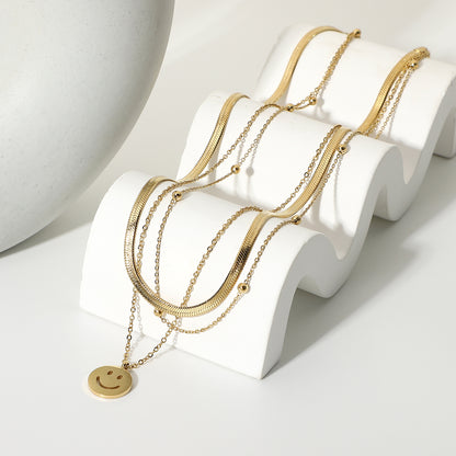 Three Layers Snake Chain Smiley Pendant Necklace