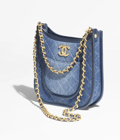 Chanel HOBO HANDBAG Washed Denim & Gold-Tone Metal Blue