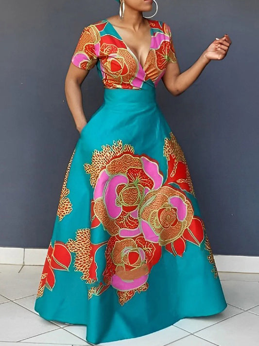 Elegant Floral V Neck Short Sleeve Dress