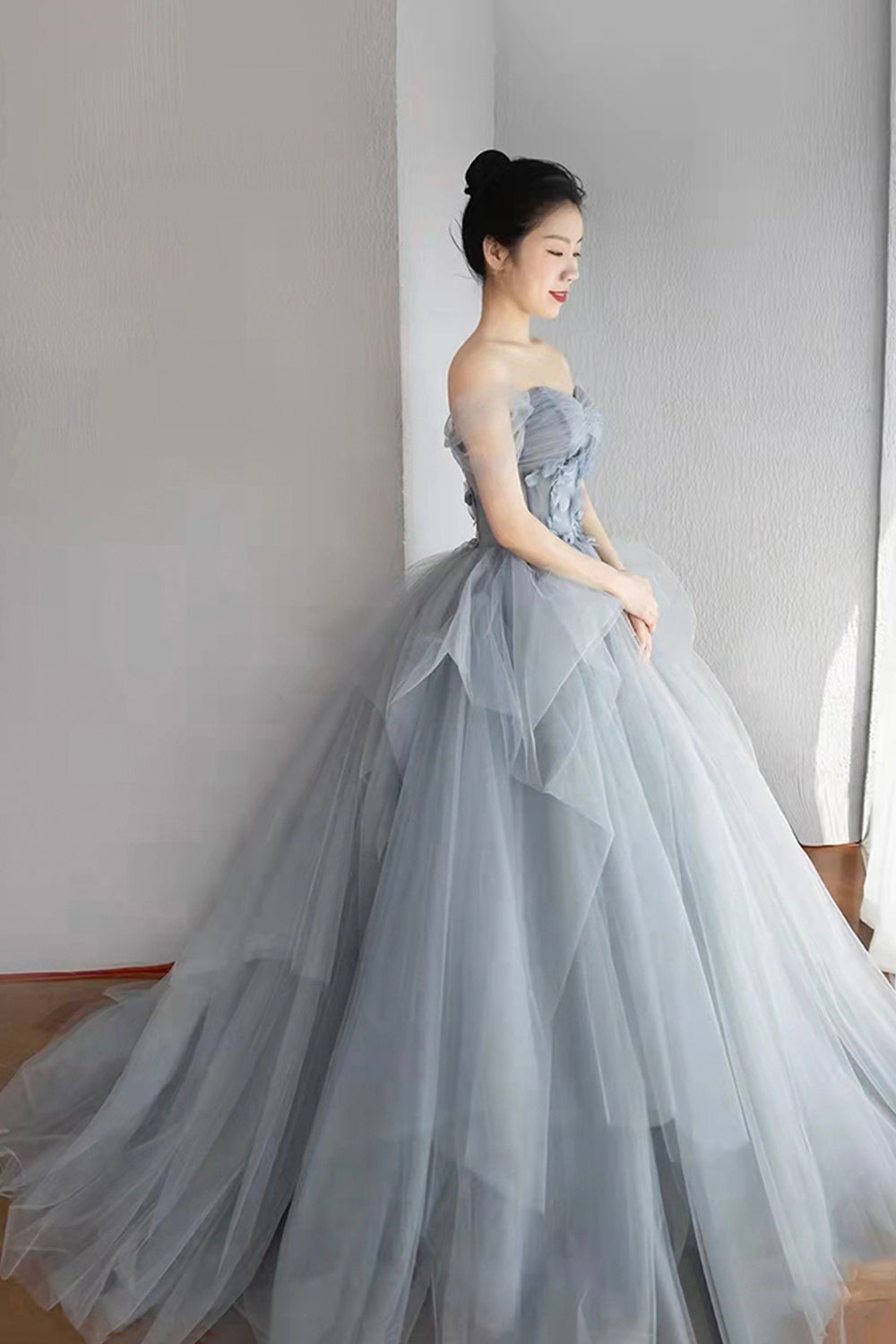 Gray Tulle Layers Long Prom Dress, A-Line Strapless Formal Evening Dress