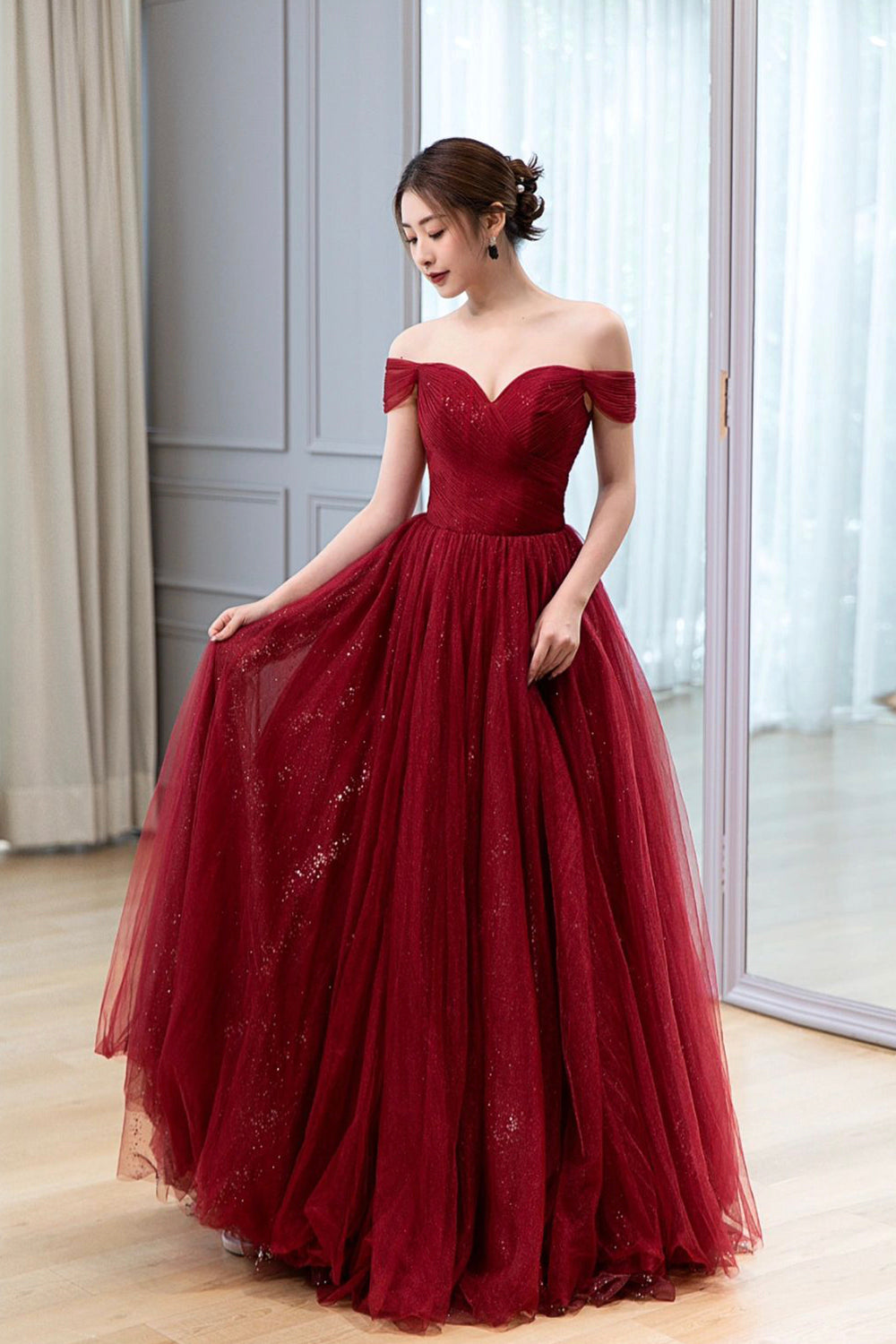 Burgundy Off the Shoulder Long Prom Dress, Elegant Tulle Formal Evening Dress