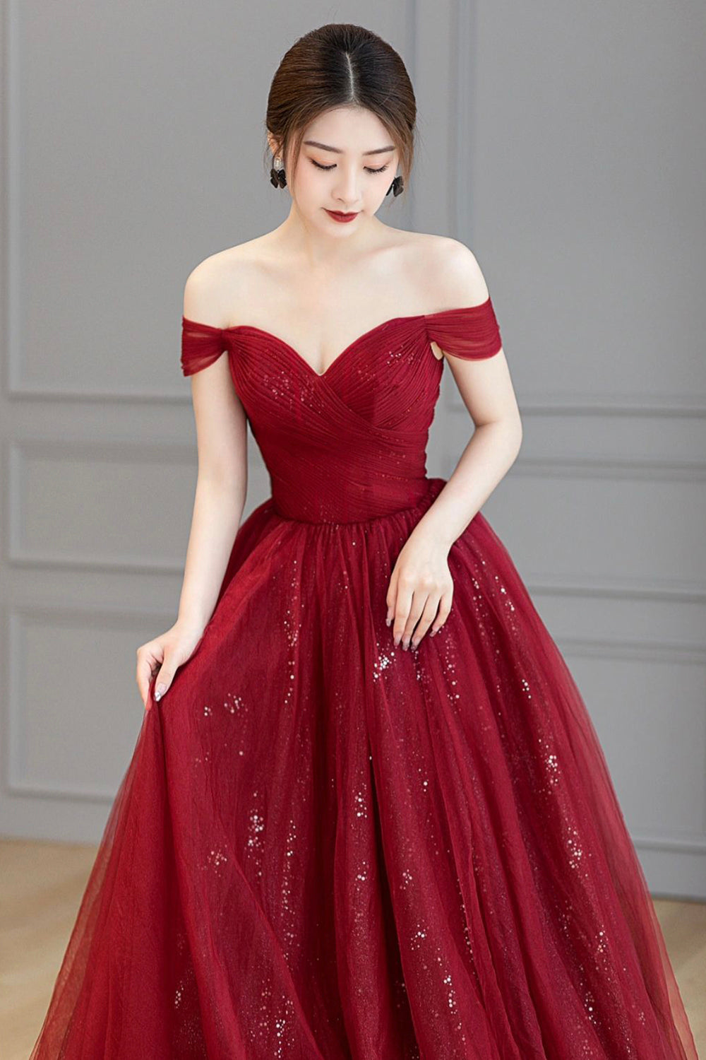 Burgundy Off the Shoulder Long Prom Dress, Elegant Tulle Formal Evening Dress