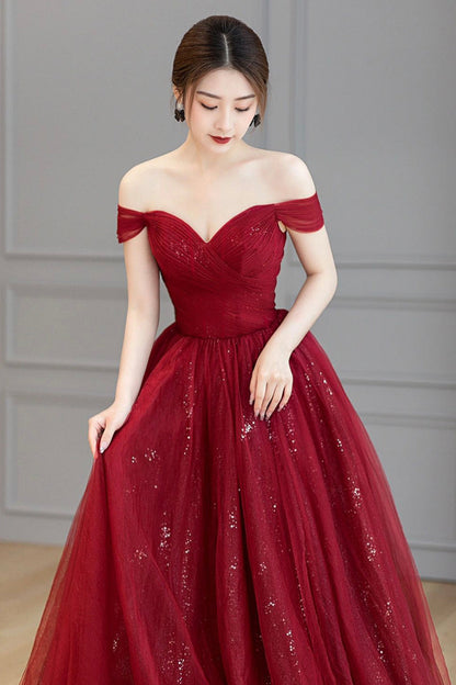 Burgundy Off the Shoulder Long Prom Dress, Elegant Tulle Formal Evening Dress