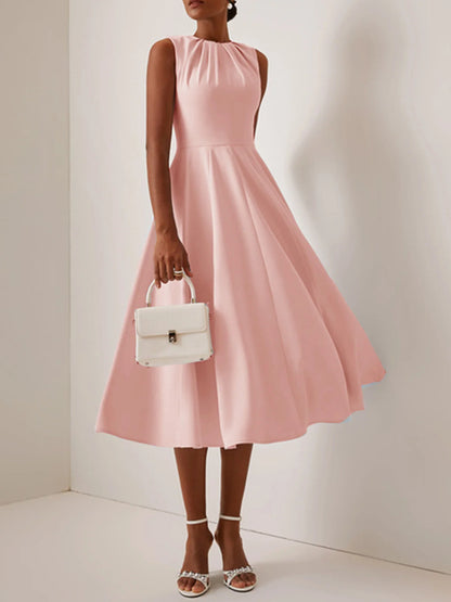 Ruched Crew Neck Sleeveless A-Line Midi Dress