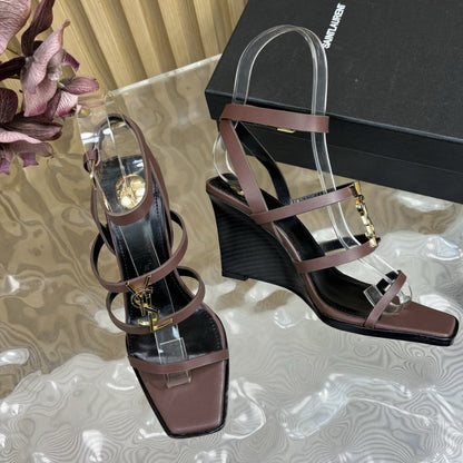 SAINT LAURENT CASSANDRA WEDGES IN SMOOTH LEATHER DARK BROWN 821090DWEDD2023