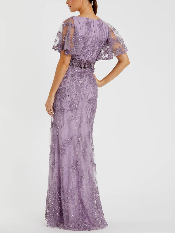 V-neck Solid Color Sequins Maxi Dress