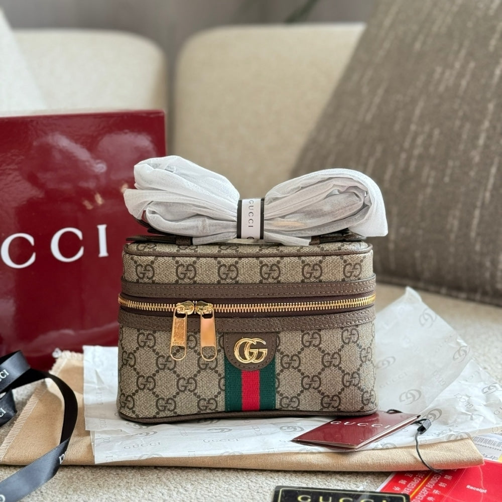 GUCCI OPHIDIA SMALL VANITY BAG BEIGE AND DARK BROWN 18CM ‎816357 96IWG 8745