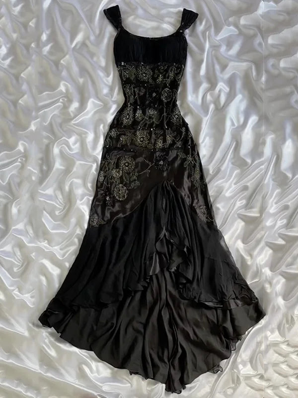 Black Gorgeous Fashion Exquisite Floral Beaded Long Ankle Length Satin Ball Gown Evening Gown Party Dress Prom Gown gh3775