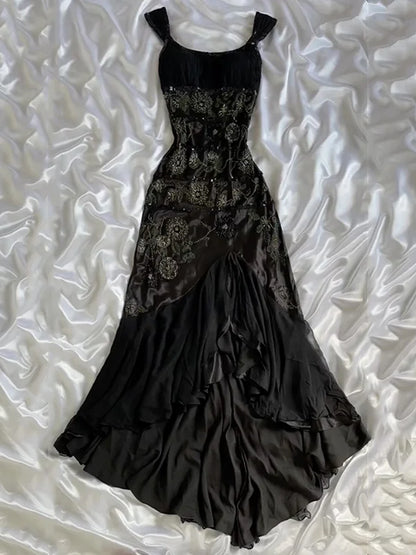 Black Gorgeous Fashion Exquisite Floral Beaded Long Ankle Length Satin Ball Gown Evening Gown Party Dress Prom Gown gh3775