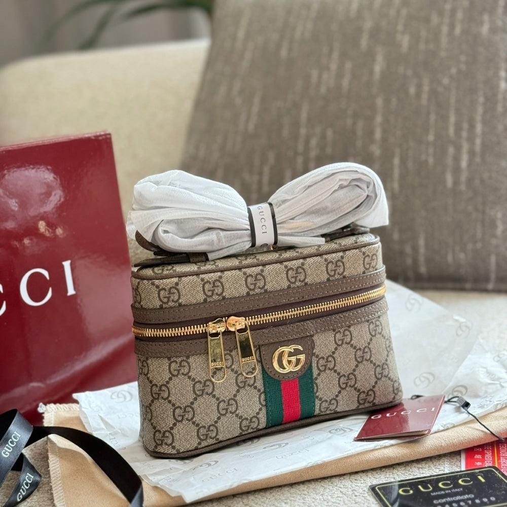 GUCCI OPHIDIA SMALL VANITY BAG BEIGE AND DARK BROWN 18CM ‎816357 96IWG 8745