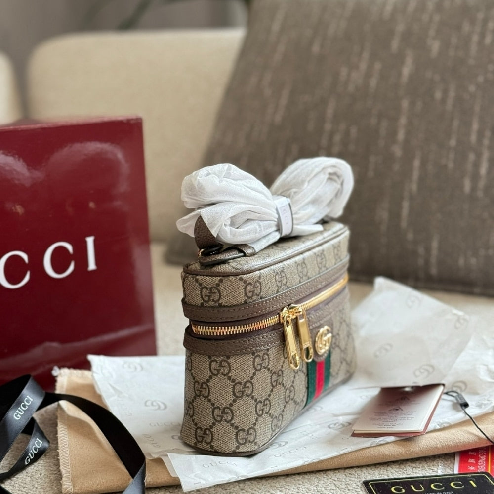 GUCCI OPHIDIA SMALL VANITY BAG BEIGE AND DARK BROWN 18CM ‎816357 96IWG 8745