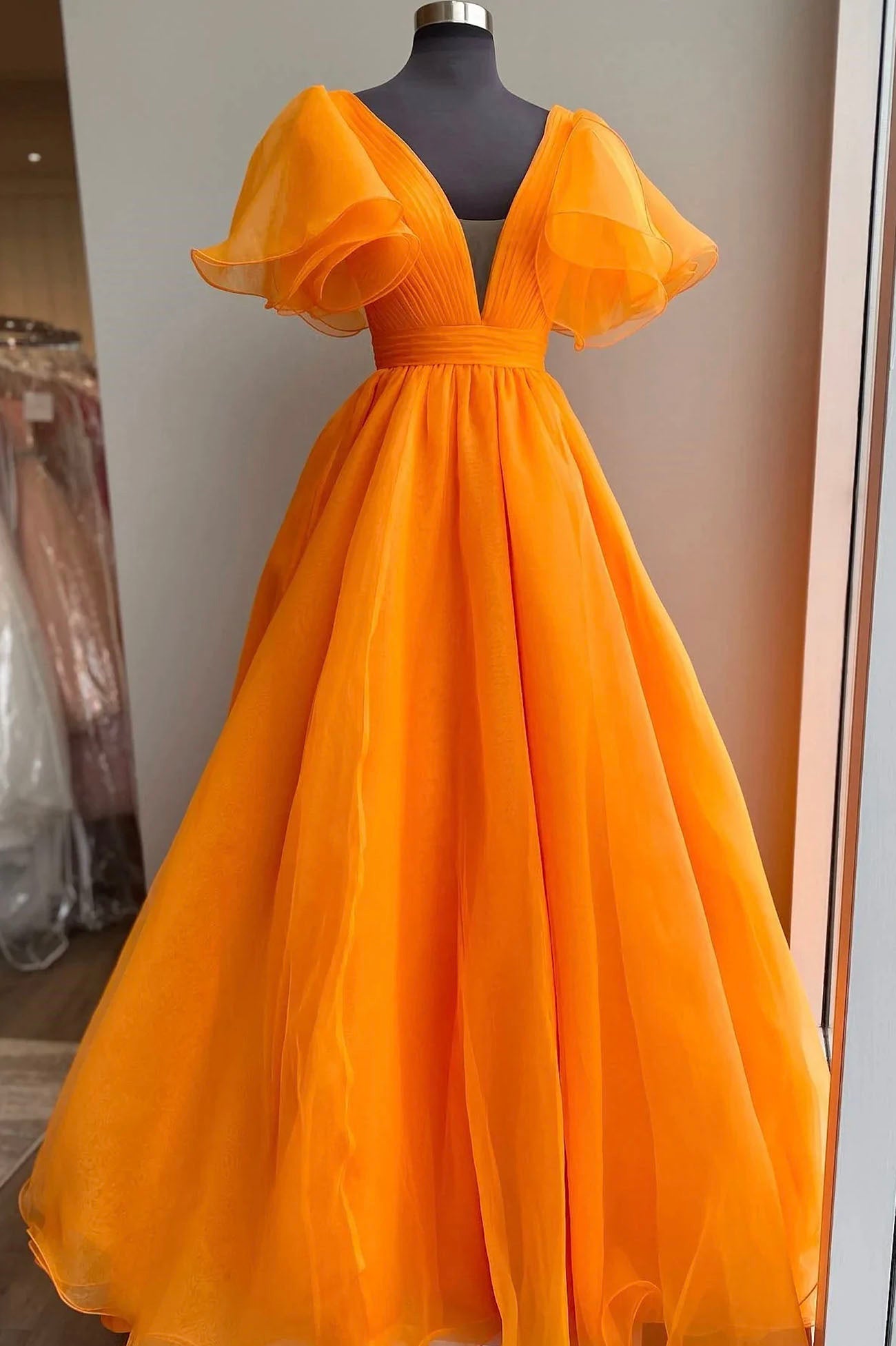 Orange V-Neck Long Prom Dress, Beautiful A-Line Short Sleeve Evening Dress