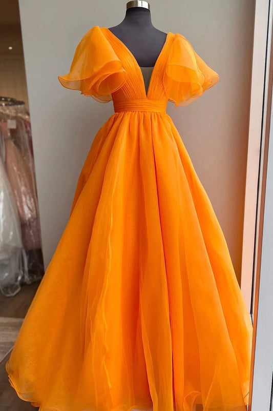 Orange V-Neck Long Prom Dress, Beautiful A-Line Short Sleeve Evening Dress