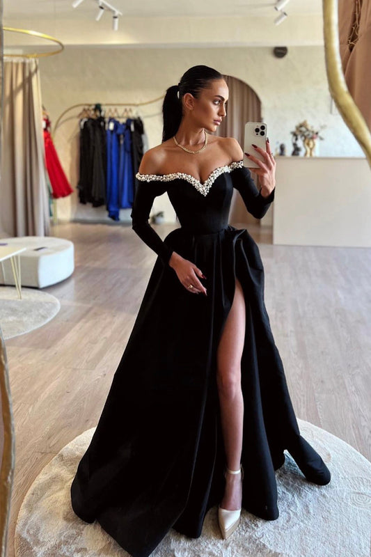 Black Off the Shoulder Pearls Long Sleeve Prom Dress, Elegant Evening Party Dress with Slit