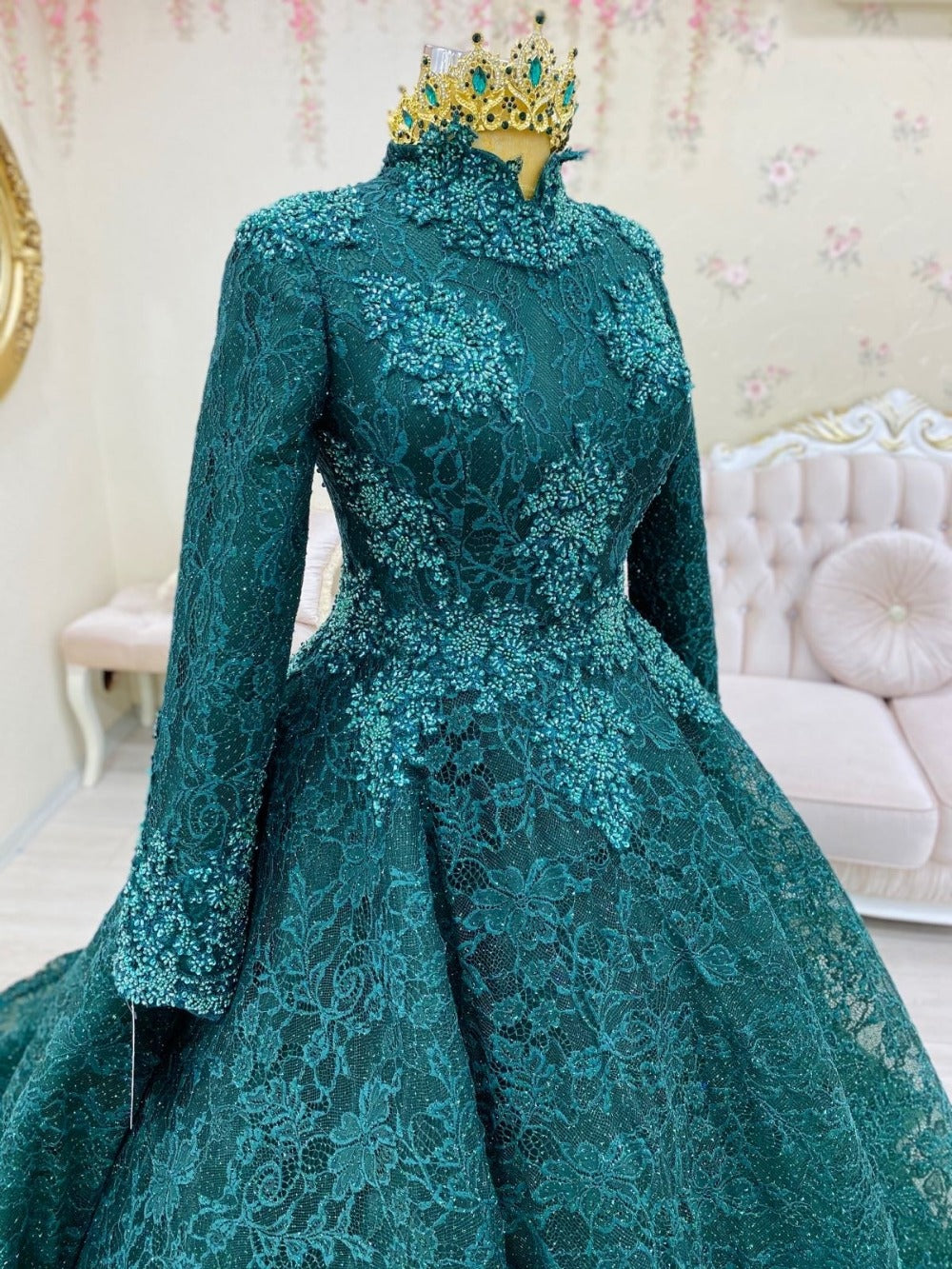 Teal Green Lace Appliques Muslim Prom Dress High Neck Long Sleeve Dubai Kaftan Saudi Arabic Evening Formal Party Gown SA1677