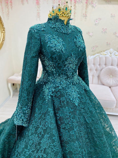 Teal Green Lace Appliques Muslim Prom Dress High Neck Long Sleeve Dubai Kaftan Saudi Arabic Evening Formal Party Gown SA1677