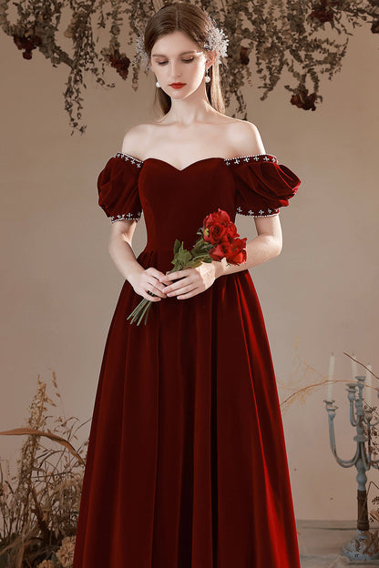 Burgundy Velvet Long Formal Dress, A-Line Short Sleeve Evening Party Dress