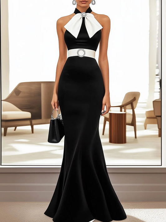 Chic Black Satin Dress with White Bow and Waistband