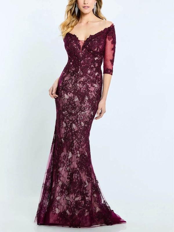 V-Neck Lace Solid Color Maxi Dress
