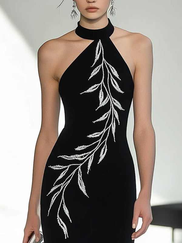 Chic Black Halter Neck Dress with Side Slit and Embroidery