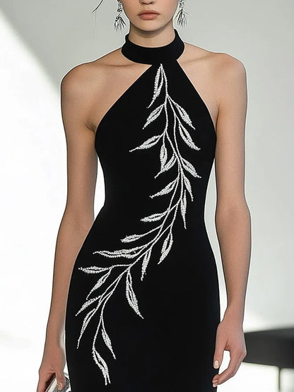 Chic Black Halter Neck Dress with Side Slit and Embroidery