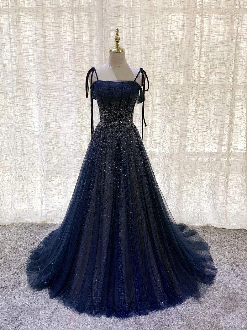 Shiny Navy Blue Tulle Straps Long Prom Dresses Party Dresses, A-line Beaded Prom Dresses      fg5018