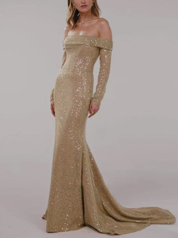 Off The Shoulder Sequin Solid Color Maxi Dress
