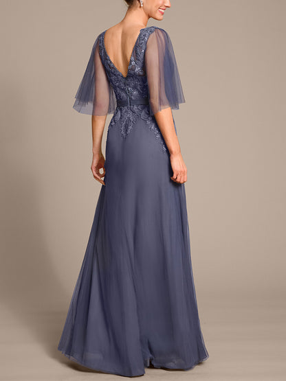 V-neck Mesh Lace Solid Color Maxi Dress