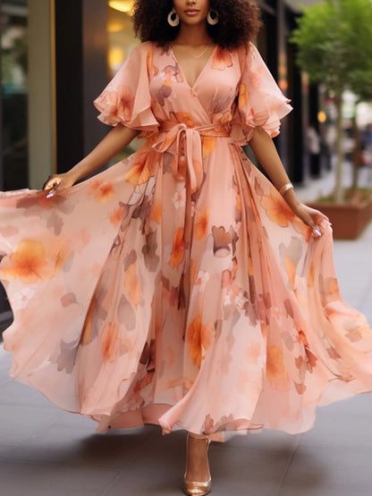 Vacation Elegant Peach Floral Wrap Neck Short Sleeve Chiffon Maxi Dresses