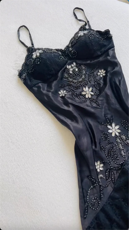 Black fashion vintage elegant exquisite floral beading spaghetti straps Long/Short satin lace princess ball gown evening dress party dress prom dress homecoming dress gh3705