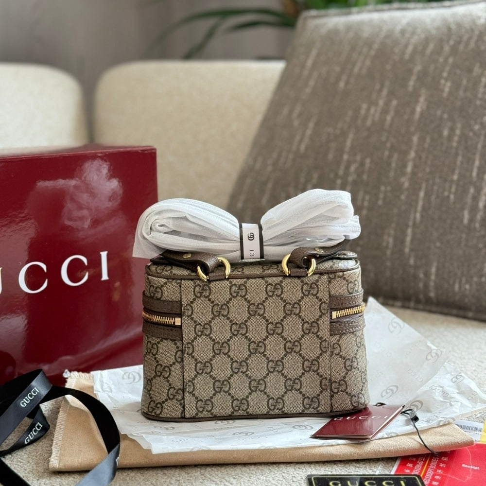 GUCCI OPHIDIA SMALL VANITY BAG BEIGE AND DARK BROWN 18CM ‎816357 96IWG 8745