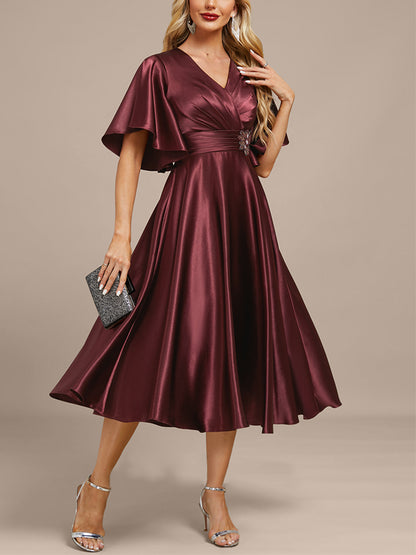V-neck Satin Solid Color Midi Dress
