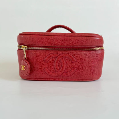 Chanel Red Caviar Leather Vanity Vintage Top Handle Bag