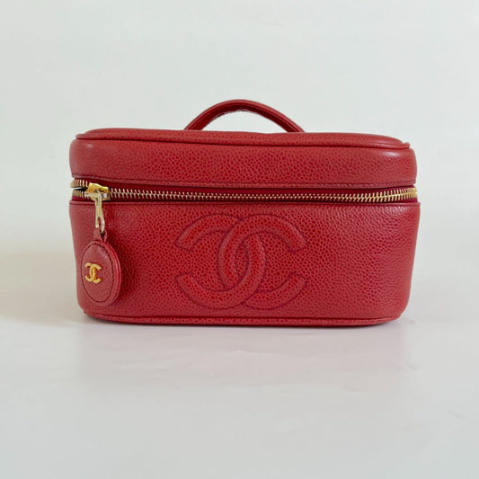 Chanel Red Caviar Leather Vanity Vintage Top Handle Bag