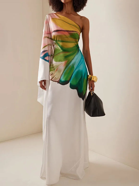 Asymmetric Flower Print Long Sleeves Loose One-shoulder Maxi Dress