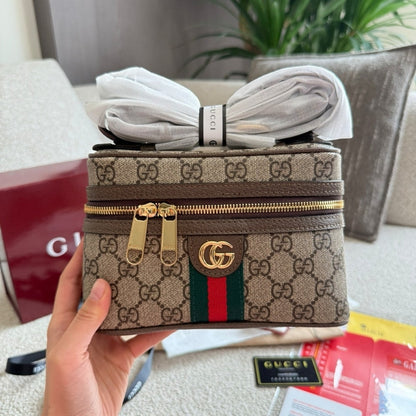 GUCCI OPHIDIA SMALL VANITY BAG BEIGE AND DARK BROWN 18CM ‎816357 96IWG 8745