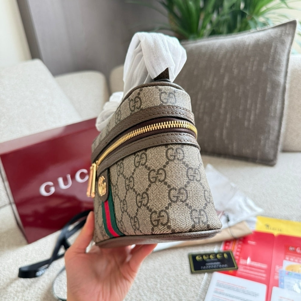 GUCCI OPHIDIA SMALL VANITY BAG BEIGE AND DARK BROWN 18CM ‎816357 96IWG 8745