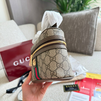 GUCCI OPHIDIA SMALL VANITY BAG BEIGE AND DARK BROWN 18CM ‎816357 96IWG 8745