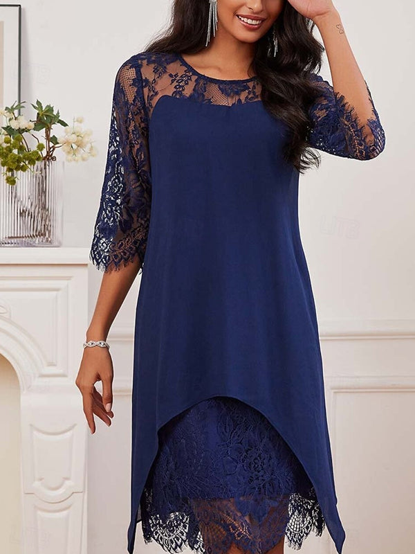 Lace Chiffon Stitching Casual Round Neck 3/4 Long Sleeve Dress