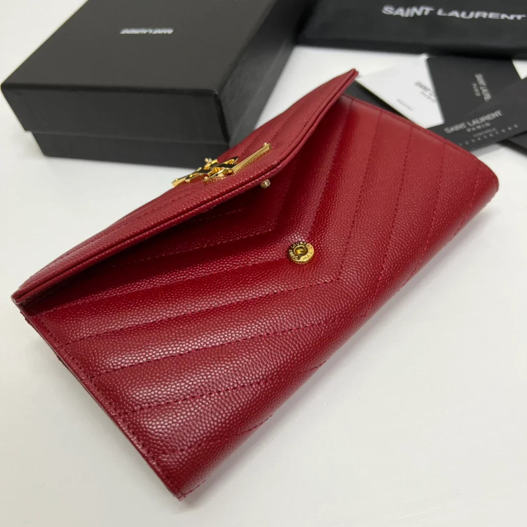 YSL Long Wallet Red Leather Gold Tone 10771 19cm