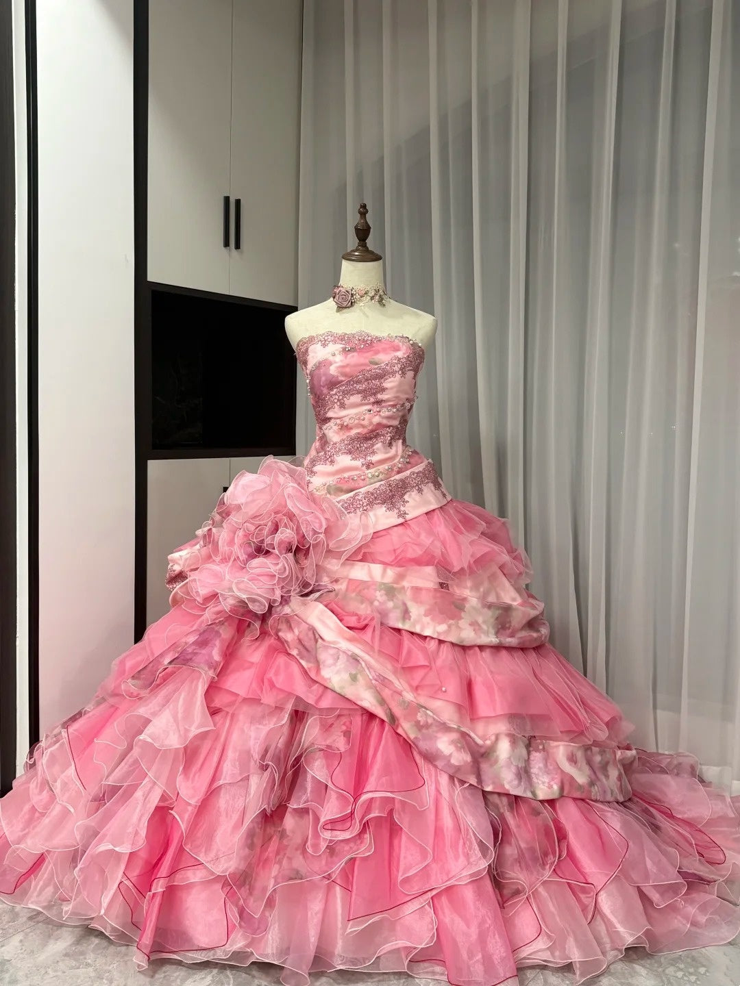 Pink Floral Beaded Long Tulle Ball Gown 16th Birthday Dress Quinceanera Dress gh4736