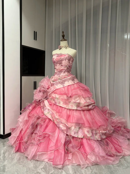 Pink Floral Beaded Long Tulle Ball Gown 16th Birthday Dress Quinceanera Dress gh4736