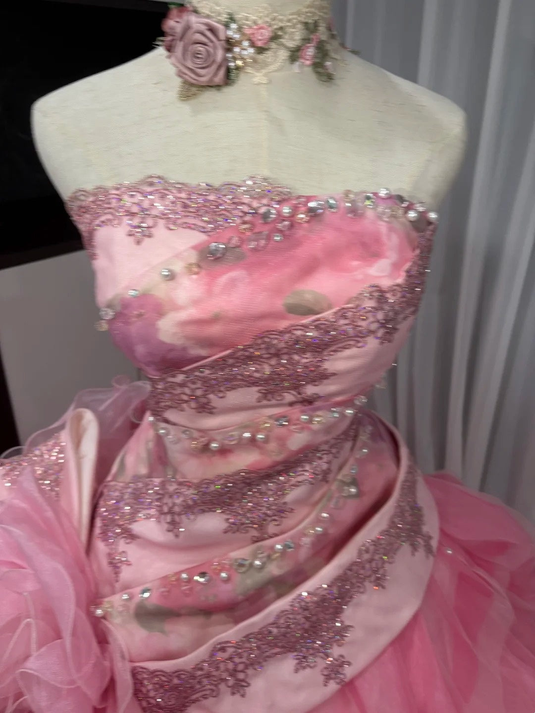 Pink Floral Beaded Long Tulle Ball Gown 16th Birthday Dress Quinceanera Dress gh4736