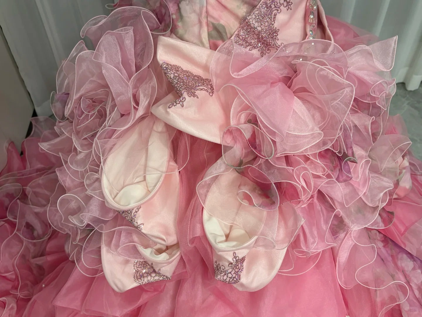 Pink Floral Beaded Long Tulle Ball Gown 16th Birthday Dress Quinceanera Dress gh4736