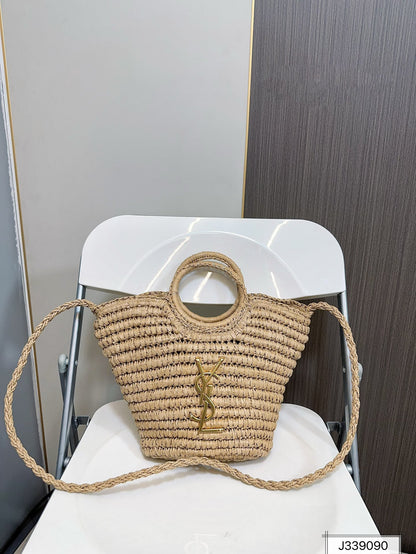YSL SAINT LAURENT Raffia Woven Tote Bag For Summer Vacation Beach 30x20cm
