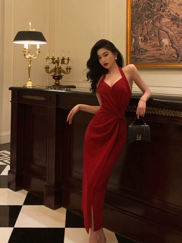 Sexy Sheath Halter Red Sleeveless Prom Dresses Party Dress Summer Birthday Outfits Birthday Dresses W810