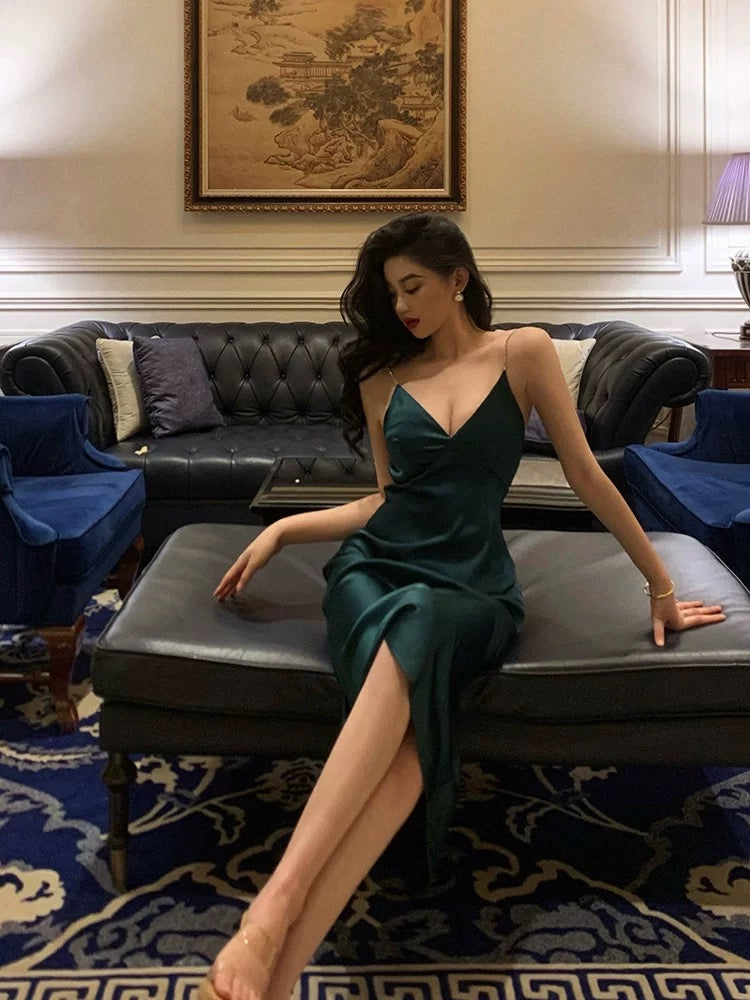 Sexy Sheath Straps Dark Green Satin Sleeveless Prom Dresses Party Dress Summer Birthday Outfits 20th Birthday Dresses W815