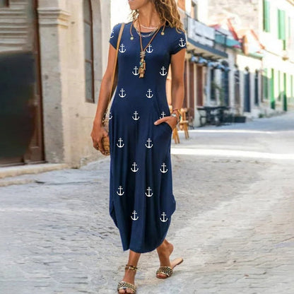 loveedsTM - Elegant Women Maxi Dress 2024 Summer O Neck Short Sleeve Sundress Office Lady Party Dress Female Print A-Line Long Dress Vestido