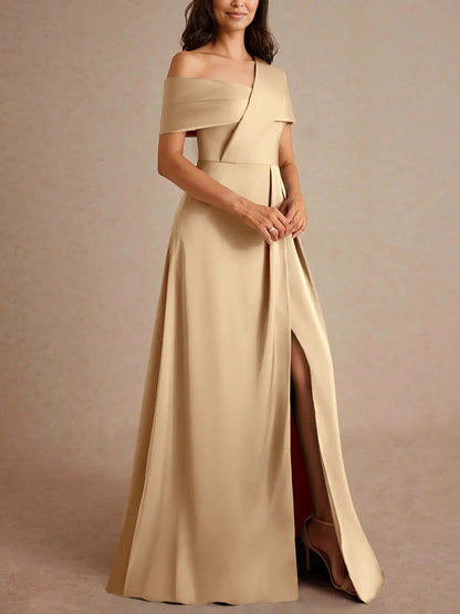 Champagne A-Line Pleated Stretch Satin Dress