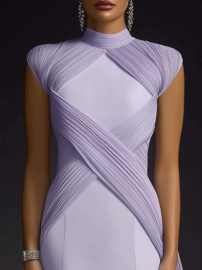 Formal Evening Dress Purple Stand Collar Pleated Train Gown